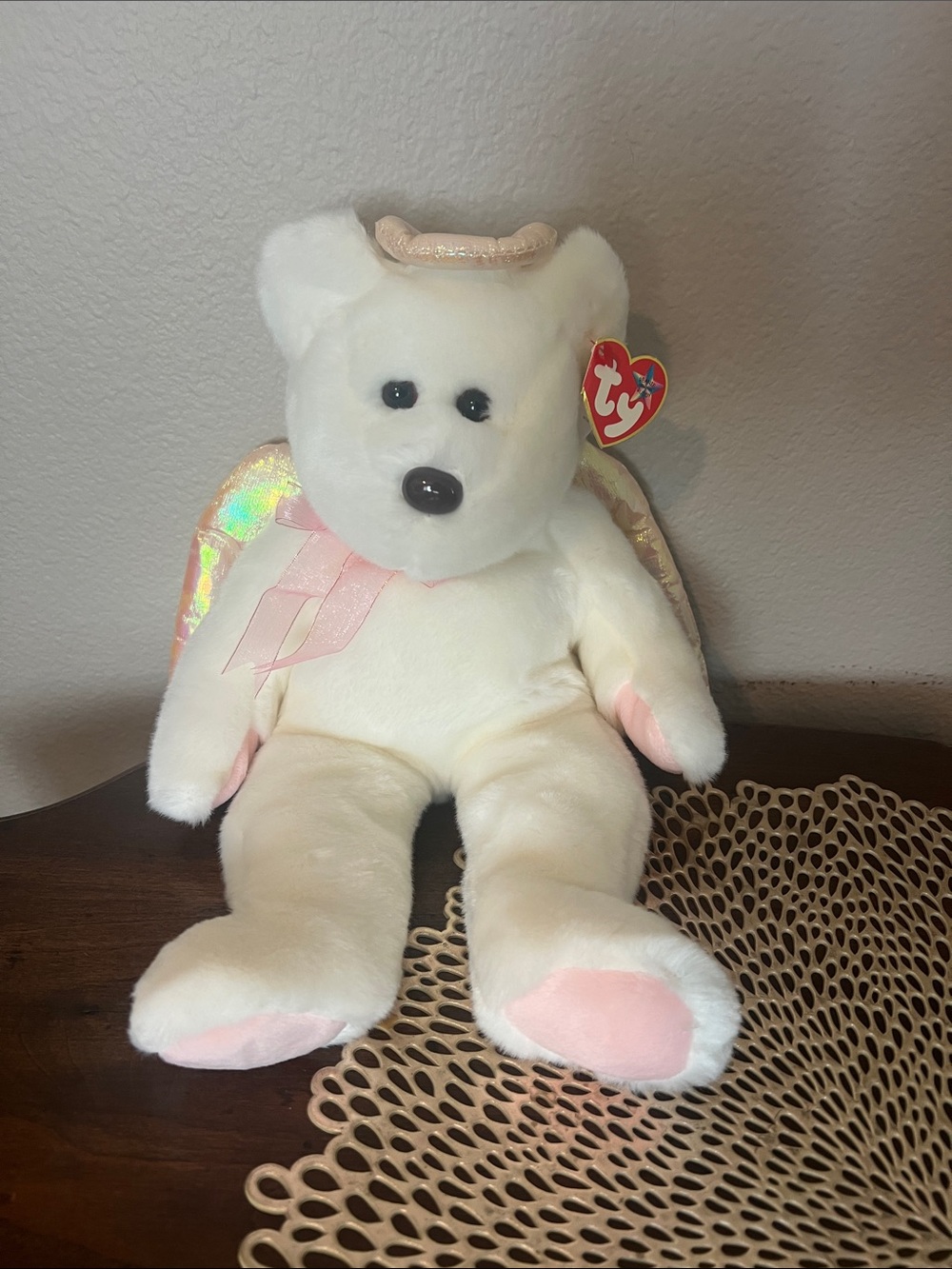 Ty Beanie Buddy “Halo” NWT. White/pink iridescent. Cute brown button features.